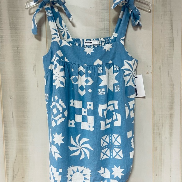 Sonoma Tops - NWT Sonoma Blue White Linen Blend Tie Sleeve Print Tank Top Sz XS